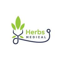 medical herbal logo with stethoscope concept and green leaves on white background vector