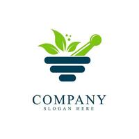 Pharmacy Logo icon embedded with mortar and pestle design and green nature leaf design suitable for pharmacy and medical related business vector