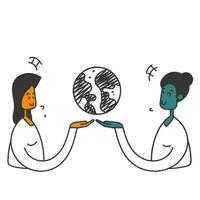 hand drawn doodle diversity person and globe icon vector