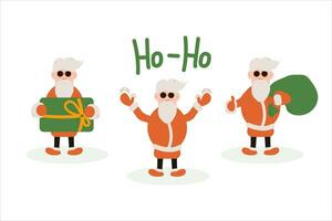 Papa Noel claus colocar. diferente caracteres de Papa Noel noel dibujos animados. manos arriba, participación un regalo, un bolsa. vector
