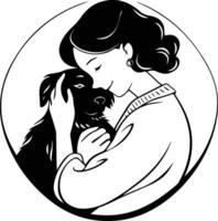 mujer y gato logo en animal clínica concepto en plano línea Arte estilo vector