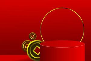 Abstract 3D minimal mockup scene. Geometry red podium shape with coin and golden ring for show product display to celebrate Chinese new year. 3D vector with a Chinese pattern.