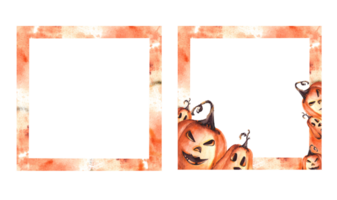 Happy Halloween pumpkin scary face set. Square frame with orange watercolor stains. Autumn watercolor illustration hand painting. Halloween celebration cards, flyer, banner png