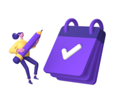 3d purple illustration icon of character holding pencil with reminder note or calendar and checklist png