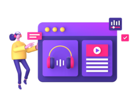 purple illustration icon of streaming music and video with 3D character for UI UX social media ads design png