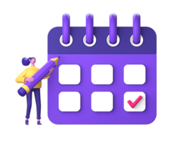 púrpura ilustración icono de 3d personaje participación lápiz con calendario fecha hora para ui ux diseño png