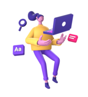 purple illustration icon of 3D character using a laptop to work for UI UX social media ads design png