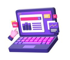 3d purple illustration icon of working on laptop with hand gesture for UI UX social media ads design png
