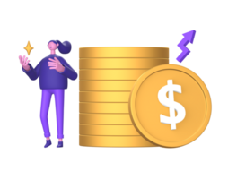 purple illustration icon of 3D Character with financial money growth and business for UI UX social media ads design png