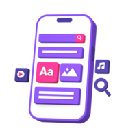 3d purple illustration icon of using smartphone for multimedia music video and social media content creator side png