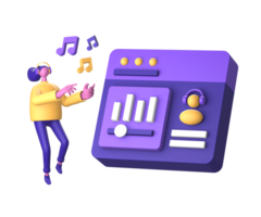 purple illustration icon of streaming and listening to music with 3D character and 3 music notes for UI UX design png