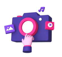 3d purple illustration icon of hand gesture with camera image video and music note for UI UX social media ads design png