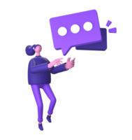 purple illustration icon of 3D character with chat message or speech bubble for UI UX social media ads design png