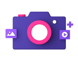 3d purple illustration icon of camera with video and image for UI UX social media ads design png