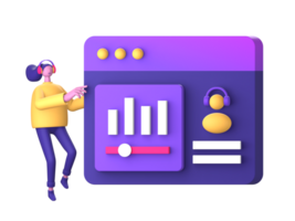 purple illustration icon of streaming and listening to music with 3D character for UI UX social media ads design png