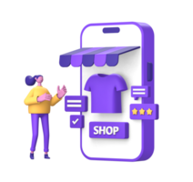 3d Purper illustratie icoon van karakter boodschappen doen in online marktplaats gebruik makend van smartphone png