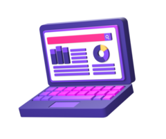 3d purple illustration icon of simple laptop with infographic chart and graph side for UI UX social media ads design png