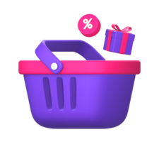 3d purple illustration icon of shopping basket with discount percentage promo and a gift  for UI UX social media ads design png