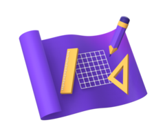 3d purple illustration icon of creative design and planning with paper scroll for UI UX social media ads design png