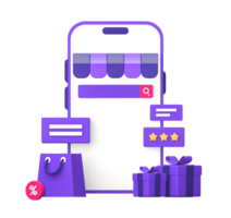 3d purple illustration icon of using smartphone in online marketplace for shopping with gifts and review stars png