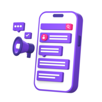 3d viola illustrazione icona di utilizzando smartphone per sociale media in linea chat comunicazione e Messaggio png
