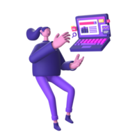 purple illustration icon of 3D character working on laptop for UI UX social media ads design png