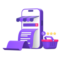 3d purple illustration icon of smartphone for online shopping store bill with shopping basket and review stars png
