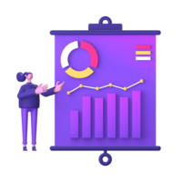 lila Illustration Symbol von 3d Charakter mit Geschäft Infografik Statistiken Wachstum Präsentation zum ui ux Sozial Medien Design png