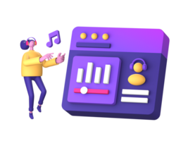 purple illustration icon of streaming and listening to music with 3D character and music note for UI UX social media ads design png