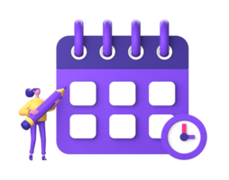 púrpura ilustración icono de 3d personaje participación lápiz con calendario fecha y reloj hora para ui ux diseño png