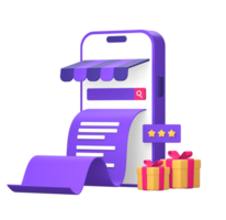 3d purple illustration icon of smartphone for online shopping store bill with gifts and review stars png