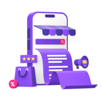 3d violet illustration icône de téléphone intelligent pour en ligne achats boutique facture avec achats sac et la revue étoiles png