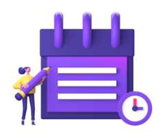 3d purple illustration icon of character with reminder note and time for UI UX social media ads design png