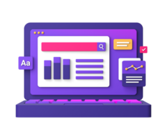 3d purple illustration icon of working on laptop for UI UX social media ads design png