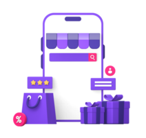 3d purple illustration icon of using smartphone in online marketplace for shopping with shopping bag and review stars png