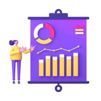 purple illustration icon of business infographic statistics growth presentation with 3D character for UI UX social media ads design png