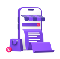 3d purple illustration icon of smartphone for online shopping store bill with shopping bag png