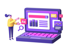 purple illustration icon of working on laptop with 3D character for UI UX social media ads design png