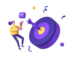 3d purple illustration icon of character with bullseye dartboard target and checklist for UI UX social media ads design png