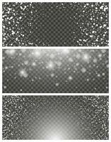 Snowfall and falling snowflakes on background. Set of three backdrops. White snowflakes and Christmas snow. Vector illustration