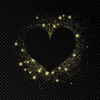 Heart shape frame with golden glitter on dark background. Greeting card with empty dark background. Vector illustration.