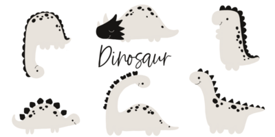 Set with flat black and white dinosaurs, cute dino, childish hand painted simple set with monsters. Cute dragon png