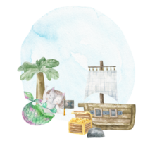 Underwater life with mermaids, palm, wooden ship, golden treasure. Oceania, deepwater. Childish watercolor card png