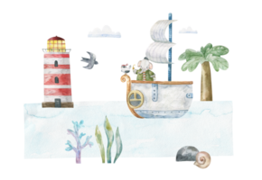 horizontal seascape with elephant pirate on ship, lighthouse, algue, stones and shells, clouds. Oceania. Watercolor childish illustration on isolated background png