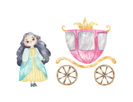 watercolor royal illustration. Princess and pink carriage. Royal transport png