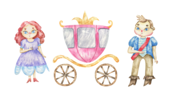 watercolor royal illustration. Prince and princess near pink carriage. Transport png