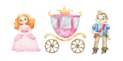 watercolor royal illustration. Prince and princess near pink carriage. Transport png