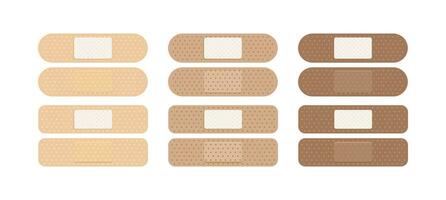 Collection of adhesive patch or diverse skin colors. Diffirent medical plasters, bandage set. Vector illustration