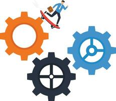 Driving the organization. Businessman running with effort on gear cogs, Implementation of the process. Efficient work system control vector