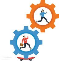 Driving the organization. Businessman and woman running with effort in the gear cogs vector